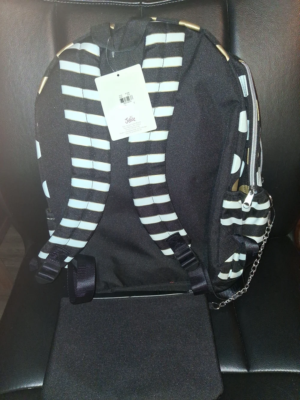 Justice Black, White & Gold Polka Dot Backpack with Matching Striped Wristlet